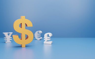 3D Gold currencies symbols icon isolated on blue background. economy large foreign exchange dollar, pound, euro, yen golden signal,   Forex Trading concept, Currency 3D rendering.