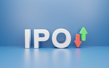 3D Rendering IPO - Initial Public Offering an arrow isolated on blue background, Launching stocks to invest in the market. investment and strategy, 3D font character.