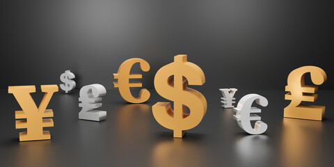 3D Gold currencies symbols icon isolated on black background. economy large foreign exchange dollar, pound, euro, yen golden signal,   Forex Trading concept, Currency 3D rendering.