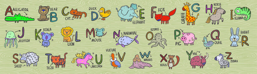 Cartoon animals alphabet for kids. Learn letters with funny animal, zoo ABC and english alphabet for kids. Alphabetically animals characters. Isolated icons illustration set