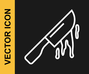 White line Bloody knife icon isolated on black background. Cutlery symbol. Happy Halloween party. Vector