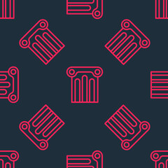 Red line Ancient column icon isolated seamless pattern on black background. Vector
