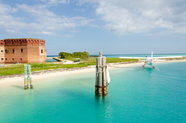 Seaplane lands on Garden Key in Dry Tortugas National Park.