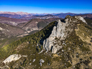 Aerial view of rock formation ridges in the French Alps in the south of France
