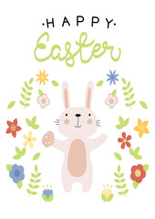 Obraz na płótnie Canvas Vector illustration of bunny with easter egg and flowers . Happy Easter greetings text. Design for web, site, banner, poster, card, paper print, postcard, flyer. Vector illustration