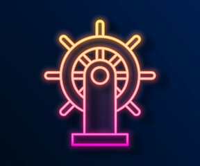 Glowing neon line Ship steering wheel icon isolated on black background. Vector