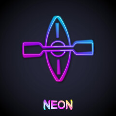 Glowing neon line Kayak and paddle icon isolated on black background. Kayak and canoe for fishing and tourism. Outdoor activities. Vector