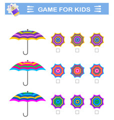 Logical puzzle game. Attention tasks for children. Need to find correct top view of umbrellas. IQ training test