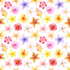 Fototapeta na wymiar Watercolor Seamless pattern with tropical flowers. Cute jungle background. Hawaii floral isolated on white background. Tropical flowers and leaves illustration.