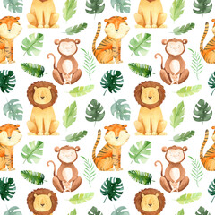 Fototapeta premium Watercolor Seamless pattern with jungle animals. Cute africa baby animals background. Lion, tiger and monkey isolated on white background. Tropical flowers and leaves illustration. Hawaii pattern 
