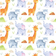 Seamless pattern with jungle animals. Cute africa baby animals background. Watercolor elephant, giraffe, hippo  isolated on white background. Tropical flowers and leaves illustration. Hawaii pattern 