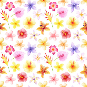 Watercolor Seamless pattern with tropical flowers. Cute jungle background. Hawaii floral isolated on white background. Tropical flowers and leaves illustration.