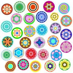 Millefiori - colorful glass beads. Abstract mosaic pattern - objects isolated on a white background. Vector set for design.
