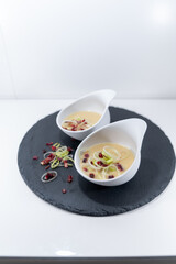leak cream jam cheese soup, design white