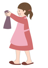 イラスト素材：エプロンをして笑顔でタオルを運ぶお手伝いをする女の子