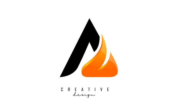 Vector illustration of abstract letter A with fire flames and Orange Swoosh design. Letter A logo with creative cut and shape.