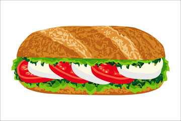 Illustration vectorielle d’un sandwich végétarien, salade, tomate et fromage de chèvre.
