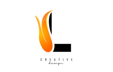 Vector illustration of abstract letter L with fire flames and Orange Swoosh design. Letter L logo with creative cut and shape.