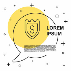 Black line Shield with dollar symbol icon isolated on white background. Security shield protection. Money security concept. Random dynamic shapes. Vector