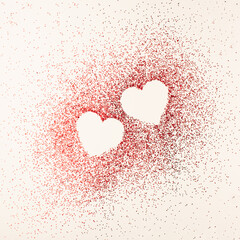 Creative idea of two hearts made of red shiny glitter on bright background. Minimal Valentine's...