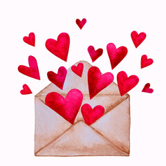 Obraz na płótnie Canvas Craft envelope with red hearts. Festive heart confetti. Valentine's day hand drawn watercolor illustration for design.