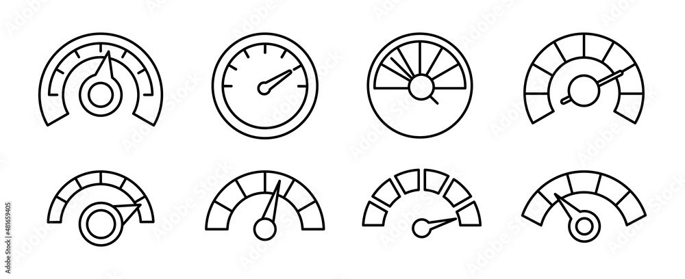 Poster speedometer linear icon set. speedometer indicators with arrows. dashboard, gauge, counter and tacho