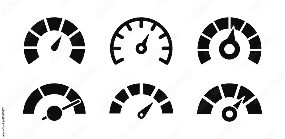 Poster speedometer icon set. speedometer indicators with arrows. dashboard, gauge, counter and tachometer. 