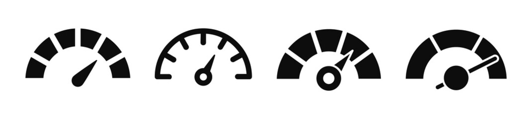 Fototapeta Speedometer icon set. Speedometer indicators with arrows. Dashboard, gauge, counter and tachometer. Scale from minimum to maximum. Speed signs. Vector illustration. obraz