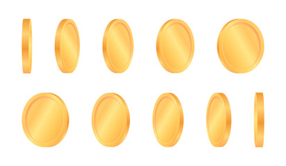Rotating golden coin set. Empty 3d gold coins at different angles. Golden coins for animation. Falling money used for jackpot, casino, game awards and money win. Vector illustration.