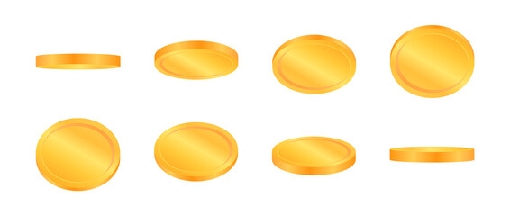 Rotating golden coin set. Empty 3d gold coins at different angles. Golden coins for animation. Falling money used for jackpot, casino, game awards and money win. Vector illustration.