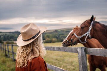 Woman with cowboy hat looking at her horses on pasture. Cowgirl in animal farm