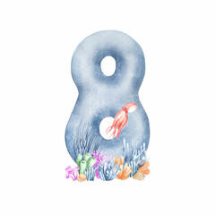 Watercolor number eight with sea plants and octopus. Great for print, web, textile design, souvenirs, scrapbooking.