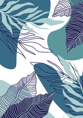 Tropical leaves, collected in a composition.Botanical abstract postcard for your text.Vector design for greeting card,wall framed prints,invitation,cover and poster.Natural floral Frame for your text