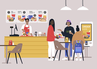 A fast-food chain restaurant venue, a worker behind the register counter serving an order on a tray, a group of millennials eating at the table