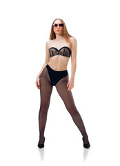 beautiful girl in tights on a white background