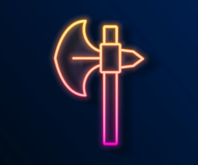 Fototapeta premium Glowing neon line Medieval axe icon isolated on black background. Battle axe, executioner axe. Medieval weapon. Vector