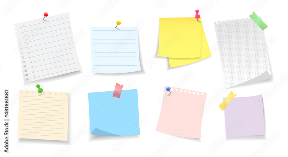 Poster set of sticky note paper, notebook pages and sheets. notes with pushpin, needles and adhesive tape. 
