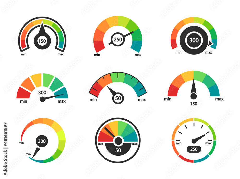 Poster speedometer icon set. business credit score indicators. customer satisfaction scores. credit rating 