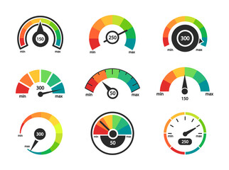 Speedometer icon set. Business credit score indicators. Customer satisfaction scores. Credit rating levels from poor to good. Colored scale from minimum to maximum. Vector illustration. - obrazy, fototapety, plakaty