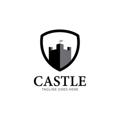 Authentic Castle tower and shield silhouette for real estate, protect systems.