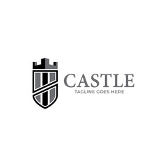 Authentic Castle tower and shield silhouette for real estate, protect systems.