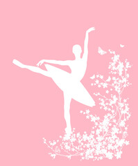 blooming spring season tree branches, slim ballerina girl and flying butterflies vector silhouette copy space design for classical ballet dance concept