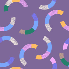 Abstract shapes seamless pattern, colorful boho backgound, trendy repeating pattern for textiles, product packaging, vector illustration