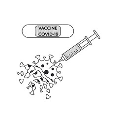 Illustration of a syringe with a vaccine that destroys the molecules of the COVID - 19 virus