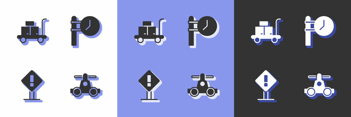 Set Handcar transportation, Trolley suitcase, Exclamation mark in square and Train station clock icon. Vector