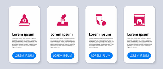 Set Interior fireplace, Christmas stocking, chimney and Santa Claus hat. Business infographic template. Vector