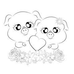 Coloring book ,cute pigs, beautiful Outline illustration isolated on white background. one line. Coloring book for children and adults. Print for t-shirt, cup, children's clothing.