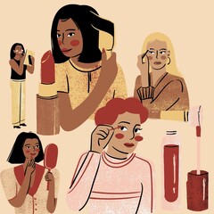 Set women doing her makeup wearing lipstick, applying mascara and combing her hair. Beauty Concept.
