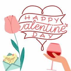 Girl hand's holding a glass of wine, love letter and flowers isolated on white background. Celebrating Happy Valentine's Day 2023.
