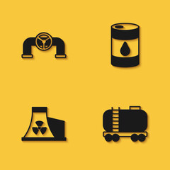 Set Oil pipe with valve, railway cistern, Nuclear power plant and Barrel oil icon with long shadow. Vector